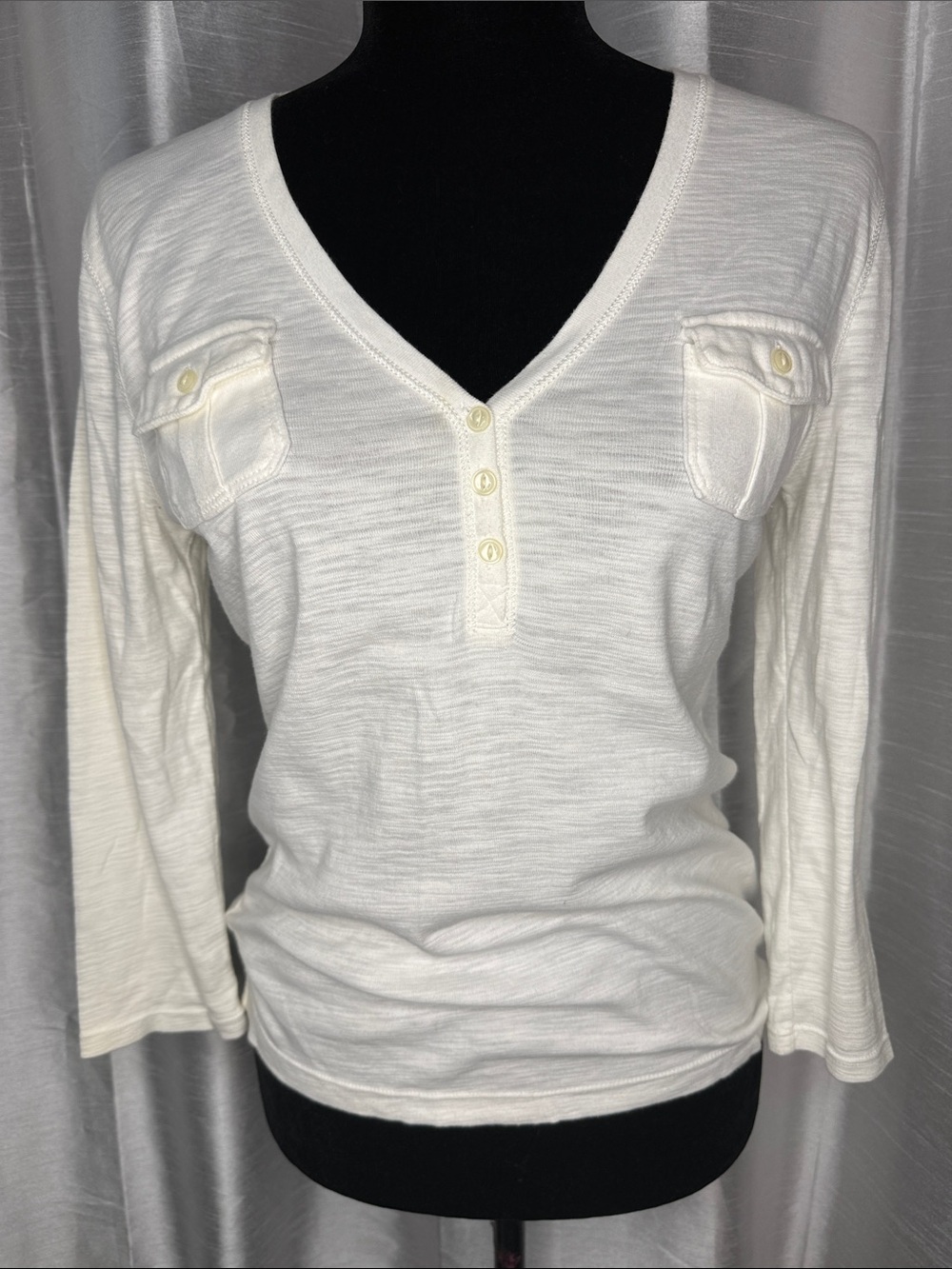 Chaps V Neck 3/4 Sleeve Pockets Cotton Semi Sheer Top Women’s Small